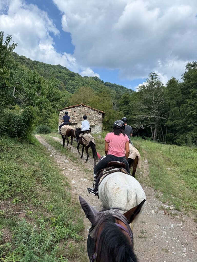 Gruppe von Reitern auf einem Waldweg, die an einem kleinen Steinhaus vorbeireiten.