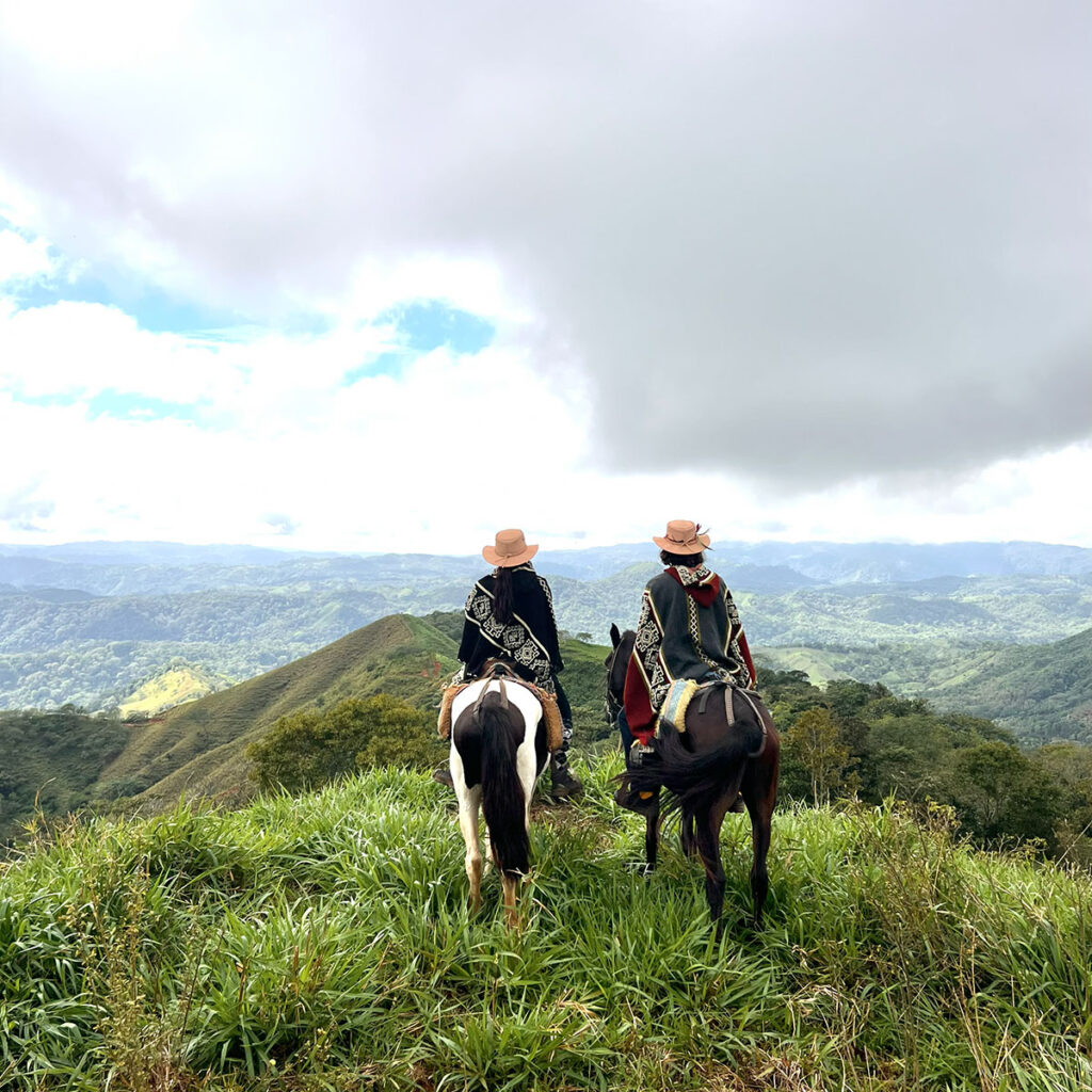 Zwei Reiter blicken von ihren Pferden aus über eine grüne, hügelige Landschaft unter einem bewölkten Himmel.